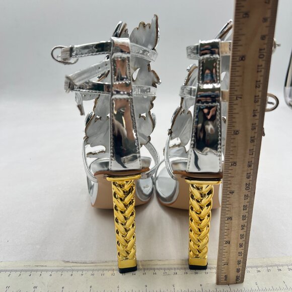 FSJ Silver Flame Gold Metal Chain Thick High Heel Sandals Open Toe Strappy Shoes - Picture 5 of 8